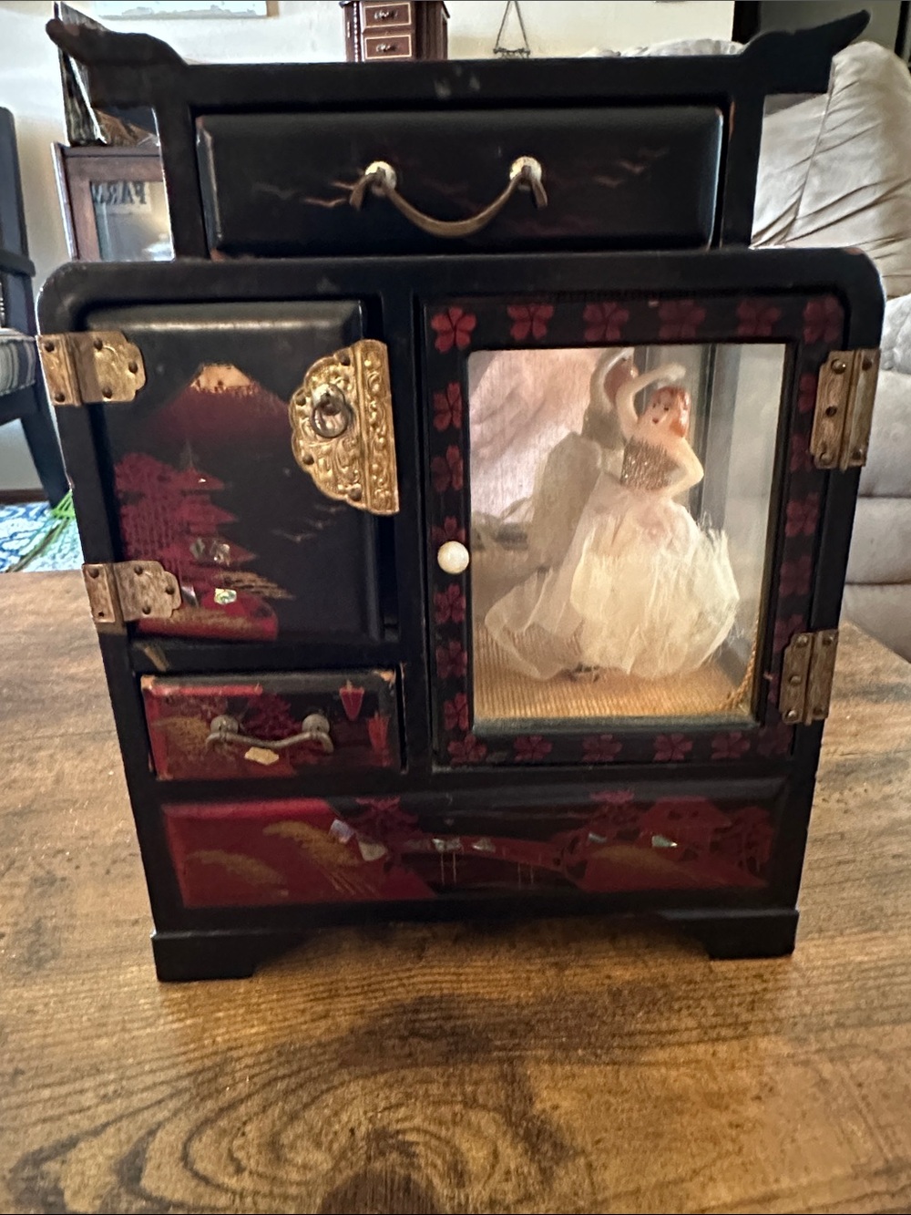 Black and Red Asian-Style Jewelry Cabinet with Glass Display Door Musical works